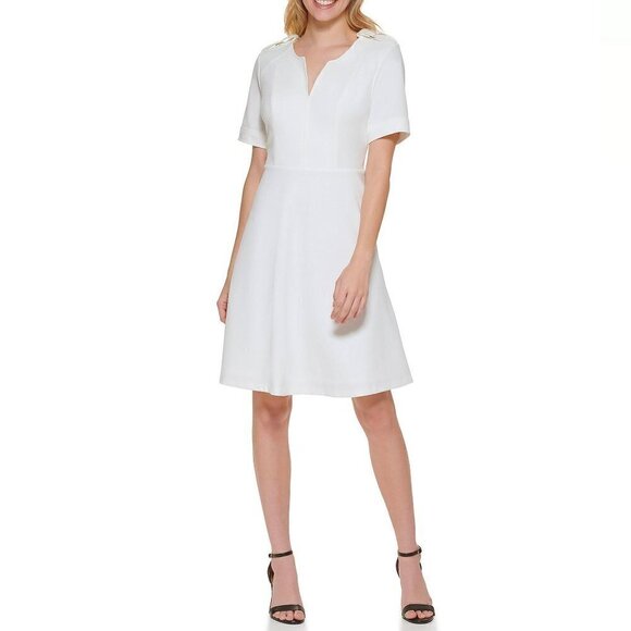 Tommy Hilfiger Size 14 White Split V-Neck Short Sleeve Fit & Flare A-line Dress - Picture 1 of 14